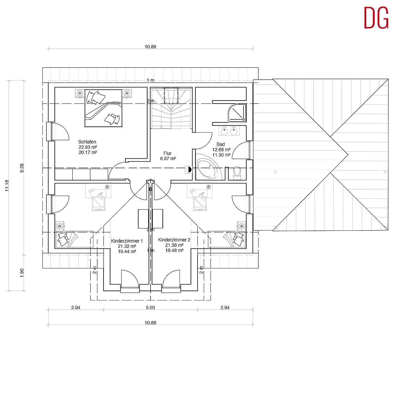 Grundriss Dachgeschoss Innovationshaus von Aischtaler Holzhaus mit Elternschlafzimmer, Kinderzimmern und Bad