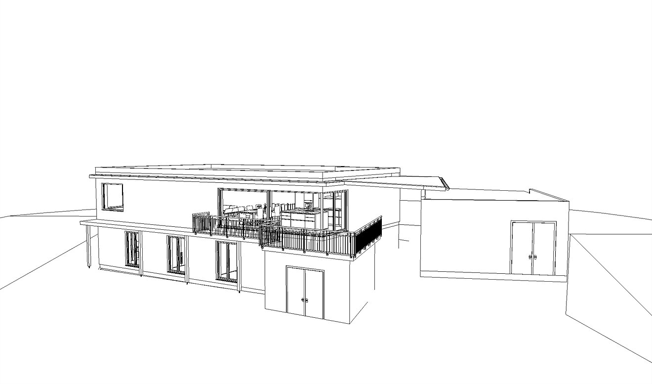 3D-Zeichnung eines Kubikhauses von Aischtaler Holzhaus mit Flachdach, Balkon und großen Fensterflächen.