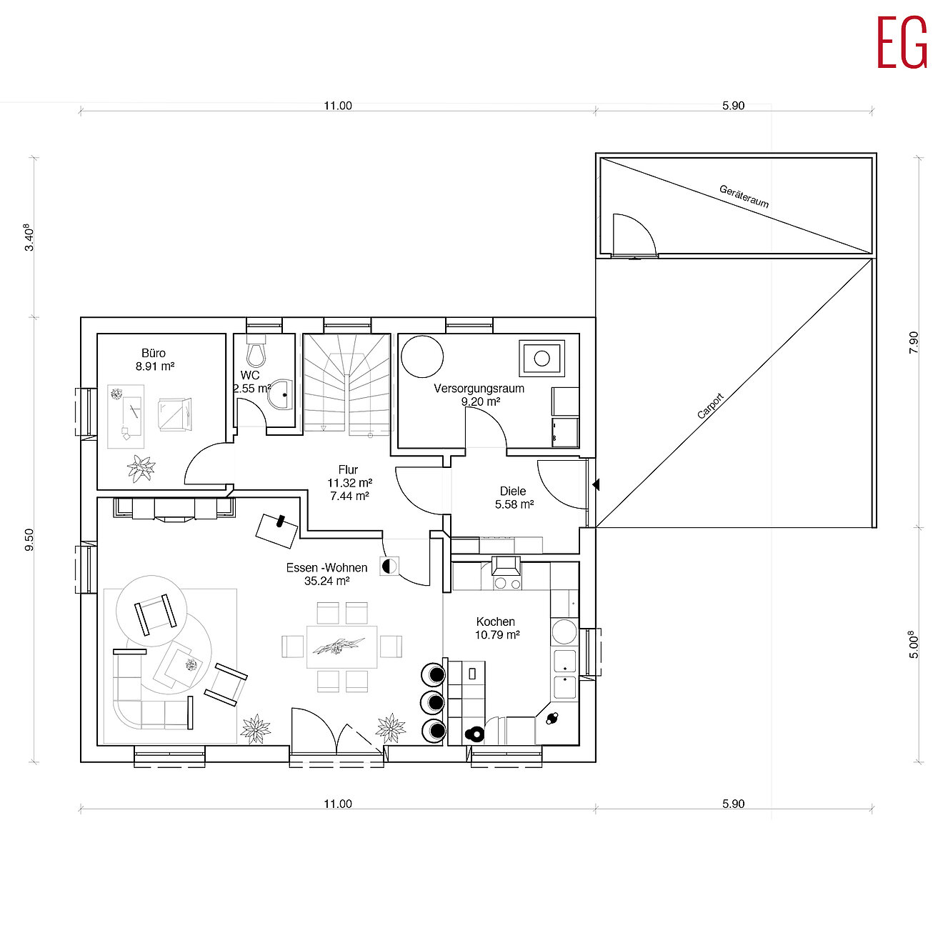 Grundriss Erdgeschoss Sonnenenergiehaus von Aischtaler Holzhaus mit Wohn-Essbereich, Küche, Büro und Hauswirtschaftsraum