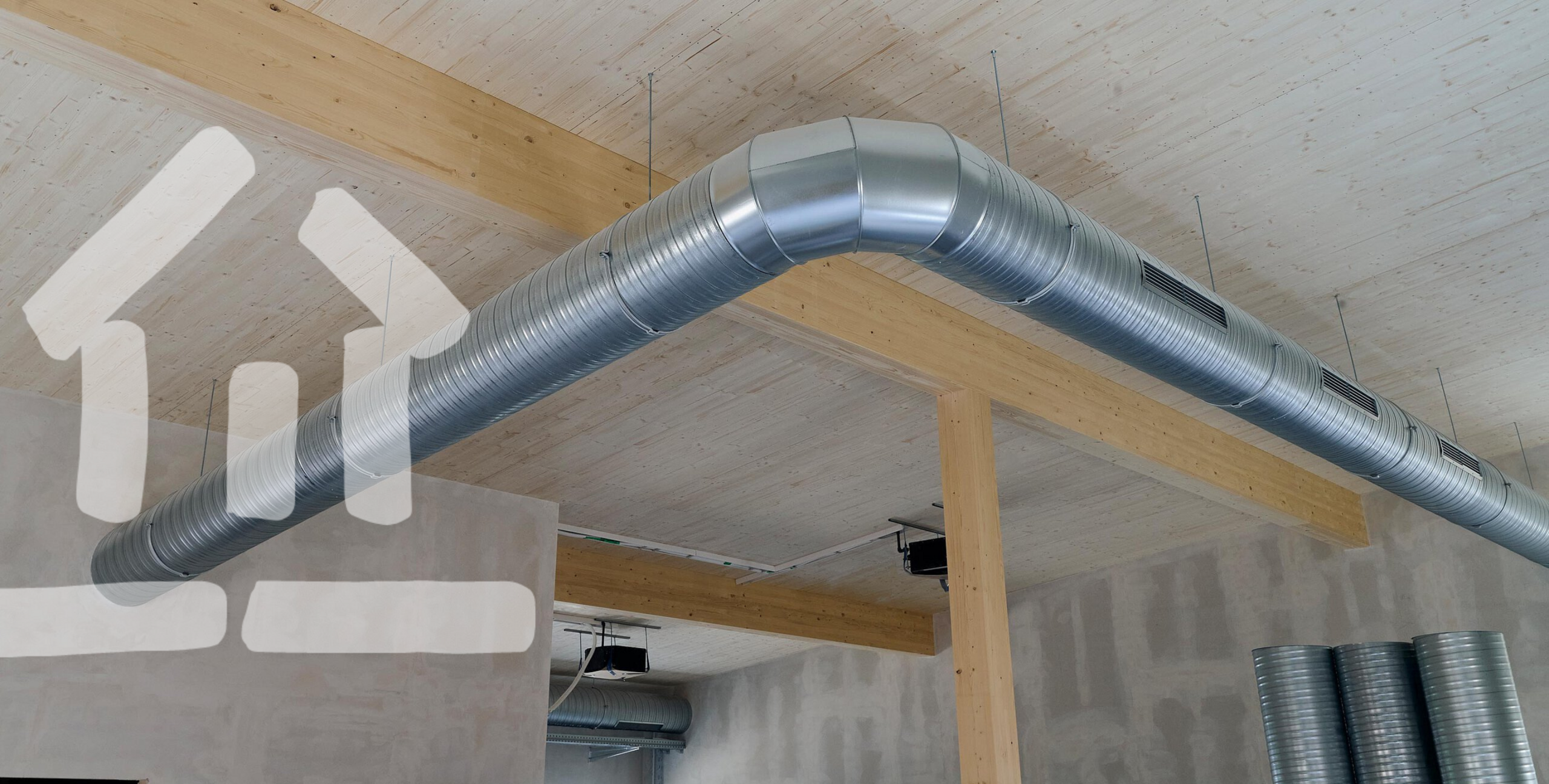 Haustechnik im Aischtaler Holzhaus – Lüftungsanlage effizient integriert Haustechnik im Holzhaus – Lüftungsrohr im Deckenbereich, Symbolbild Aischtaler Holzhaus