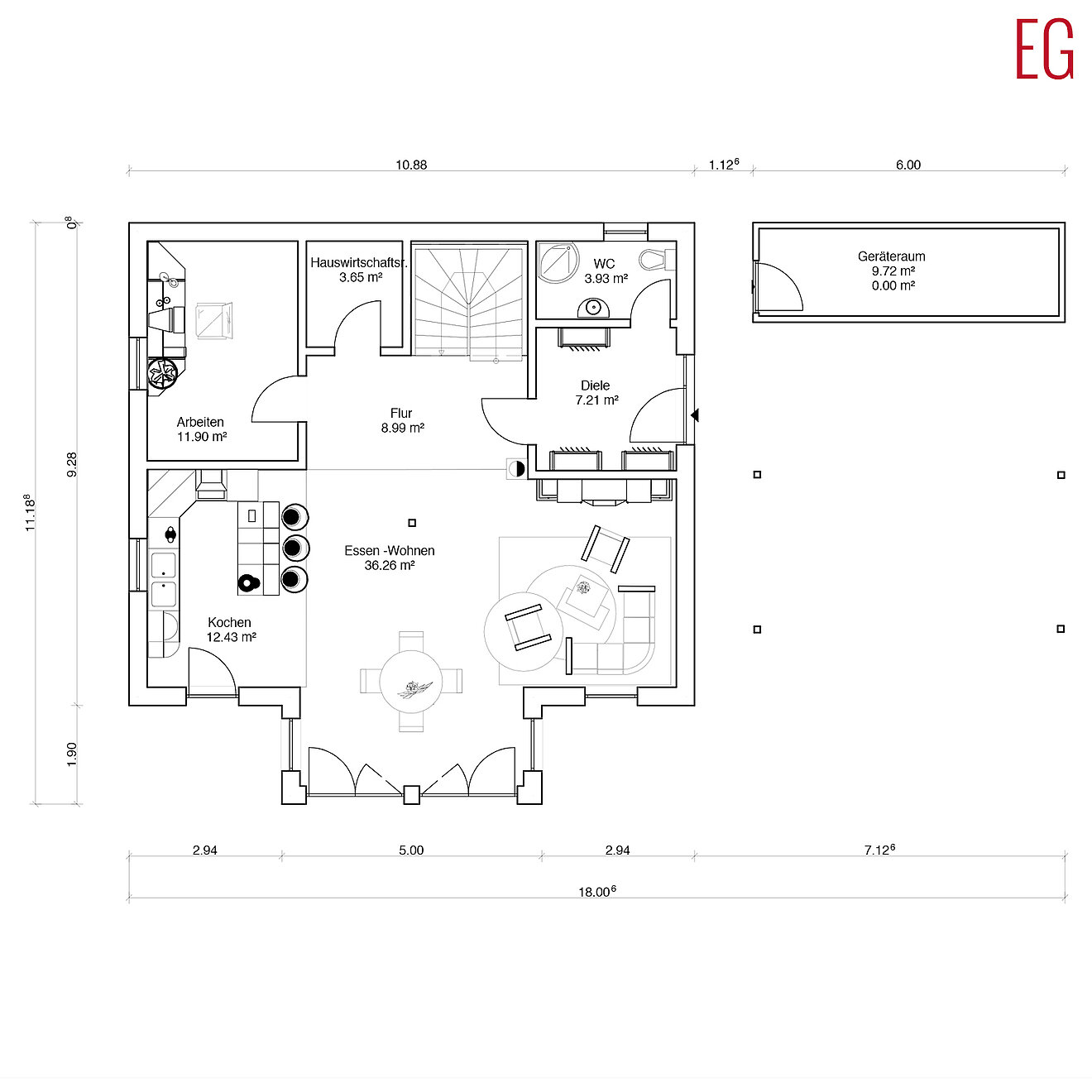 Grundriss Erdgeschoss Innovationshaus von Aischtaler Holzhaus mit Wohnbereich, Küche, Esszimmer und Hauswirtschaftsraum