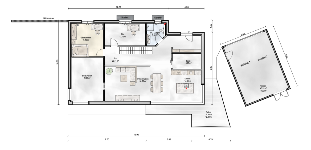 Grundriss des Erdgeschosses eines Kubikhauses von Aischtaler Holzhaus mit Bereichen wie Garage, Büro/Atelier, Gästezimmer, Küche, Wohnen/Essen, Balkon und Flur.