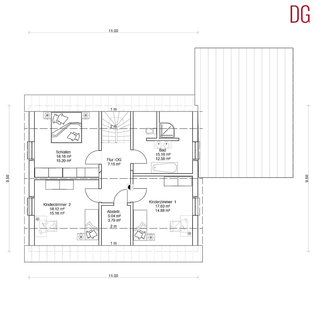 Grundriss Obergeschoss Sonnenenergiehaus von Aischtaler Holzhaus mit Schlafzimmer, zwei Kinderzimmern, Bad und Abestellraum