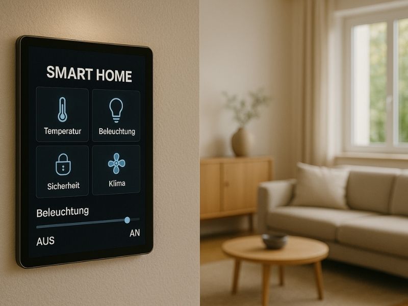 Smart Home Technik im Aischtaler Holzhaus – moderne Gebäudesteuerung Smart Home Steuerung – zentrales Display für Haustechnik im Aischtaler Holzhaus