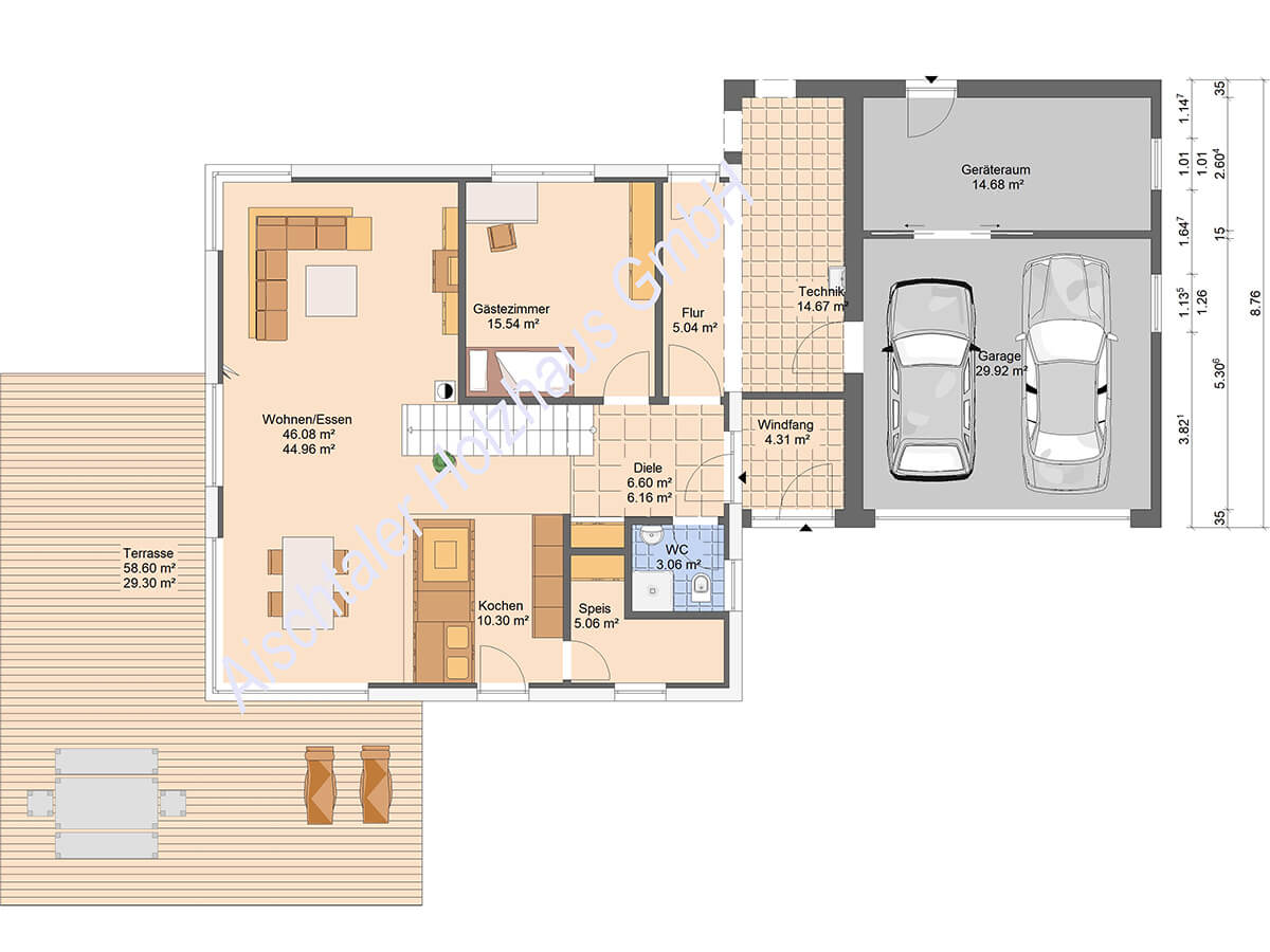 Grundriss Erdgeschoss Landhaus von Aischtaler Holzhaus mit Wohnbereich, Küche und Garage