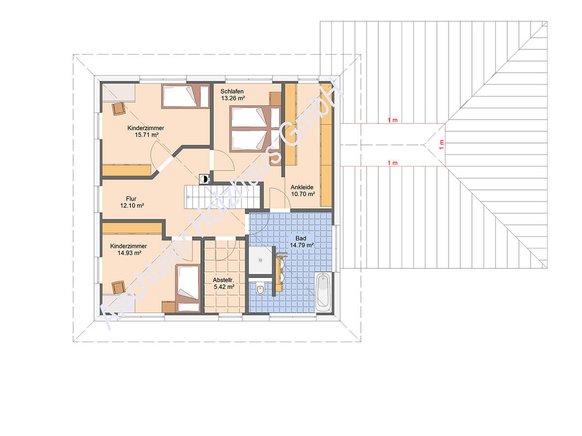Grundriss Obergeschoss Landhaus von Aischtaler Holzhaus mit Schlafzimmern und Bad