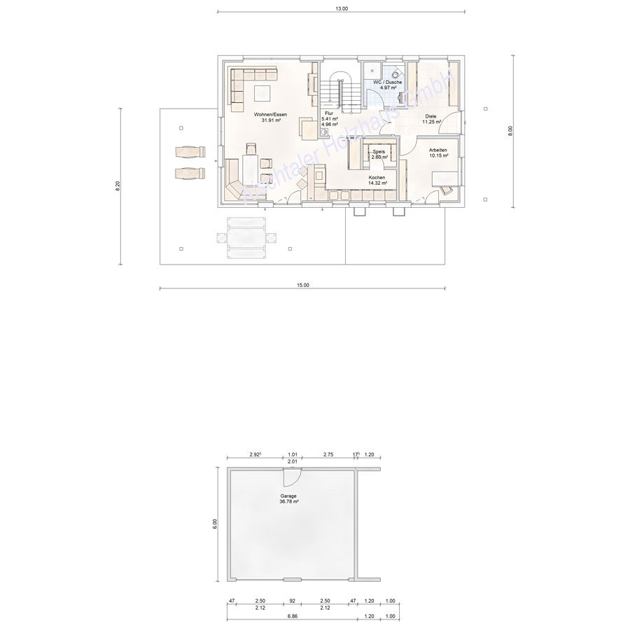 Grundriss Erdgeschoss Toskanahaus von Aischtaler Holzhaus mit großzügigem Wohn- und Essbereich