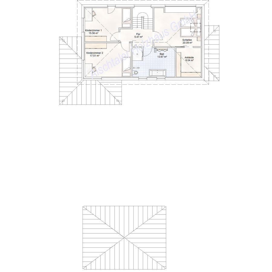 Grundriss Obergeschoss Toskanahaus von Aischtaler Holzhaus mit Schlafzimmern und Bad