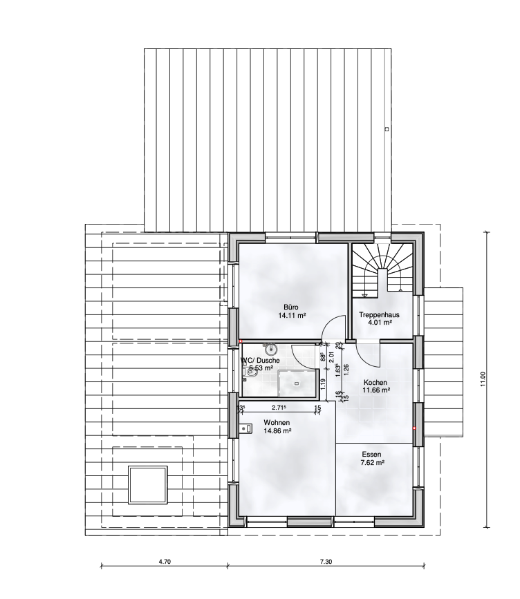 Grundriss des Dachgeschosses eines NaturnahHauses von Aischtaler Holzhaus mit Wohnzimmer, Küche, Essbereich, Büro und Duschbad.