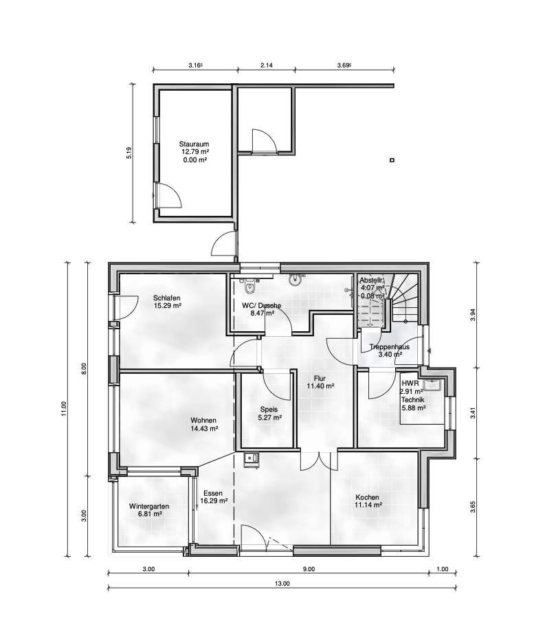 Grundriss des Erdgeschosses eines NaturnahHauses von Aischtaler Holzhaus mit Schlafbereich, Küche, Essen, Wohnen, Wintergarten, Hauswirtschaft und Technikraum.