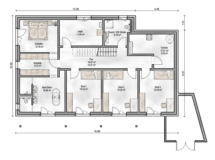 Grundriss des Untergeschosses eines Kubikhauses von Aischtaler Holzhaus mit Schlafbereich, Kinderzimmern, Badezimmern, Hauswirtschaftsraum und Technikraum.