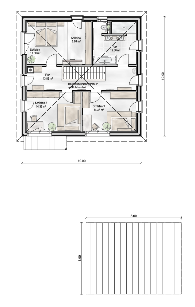 Dachgeschoss-Grundriss des Freiraum-Hauses von Aischtaler Holzhaus mit drei Schlafzimmern, Ankleide, Bad und Flur.
