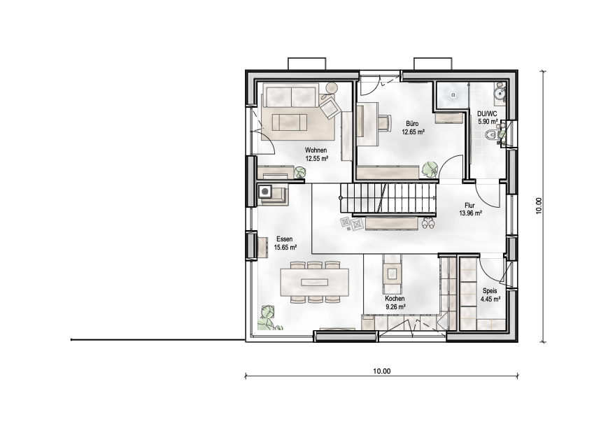 Grundriss des Erdgeschosses im Freiraum-Haus von Aischtaler Holzhaus mit Büro, Küche, Essen, Wohnen, Speisekammer und Dusche/WC.