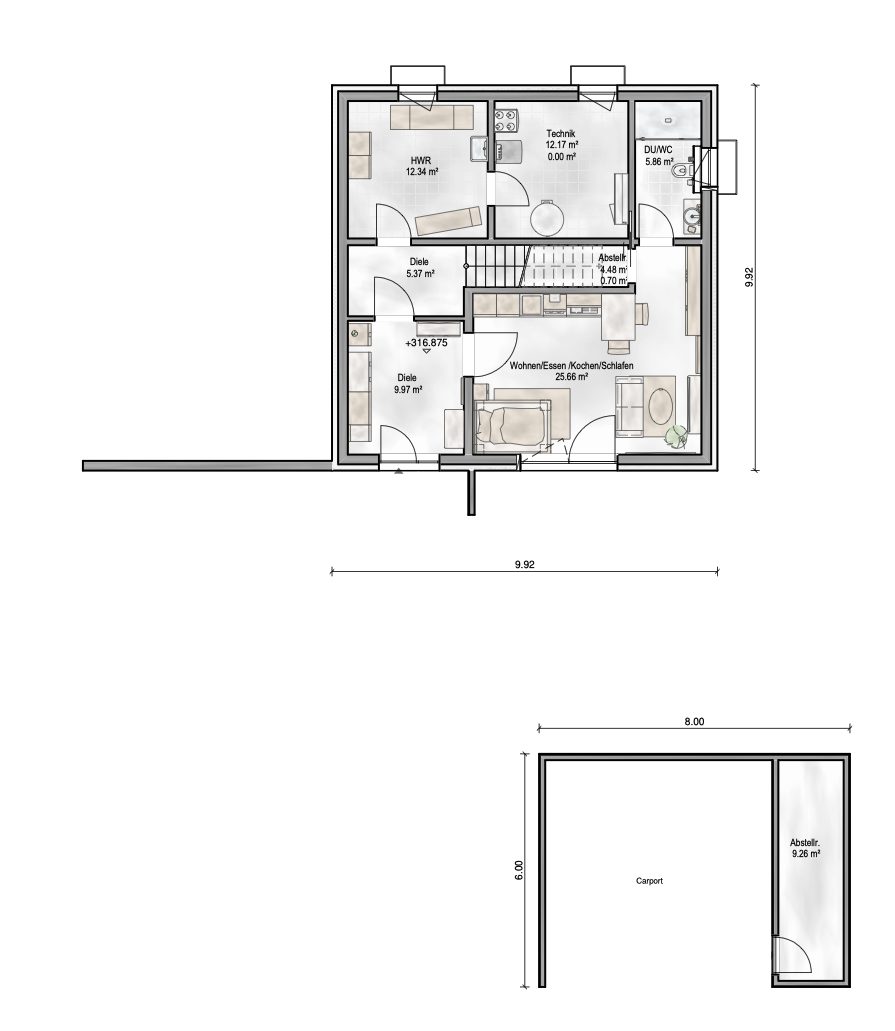 Grundriss des Untergeschosses eines FreiraumHauses von Aischtaler Holzhaus mit Technikraum, Wohn-Schlafbereich, Bad und Abstellräumen.