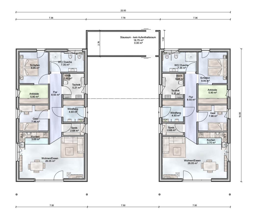 Grundrisszeichnung des Erdgeschosses im Tandemhaus von Aischtaler Holzhaus, mit Schlaf-, Wohn, Koch- und Essbereich, Gästezimmer, Bad und Technikraum.