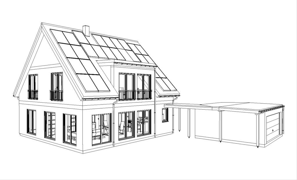 Architekturzeichnung Ressourcenhaus – Aischtaler Holzhaus Architekturzeichnung des Ressourcenhauses von Aischtaler Holzhaus mit Satteldach und PV-Anlage