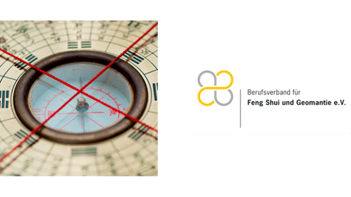 Zusatzleistungen – Feng Shui im Hausbau symbolisiert durch einen Kompass und das Logo des Berufsverbandes für Feng Shui und Geomantie e.V. 